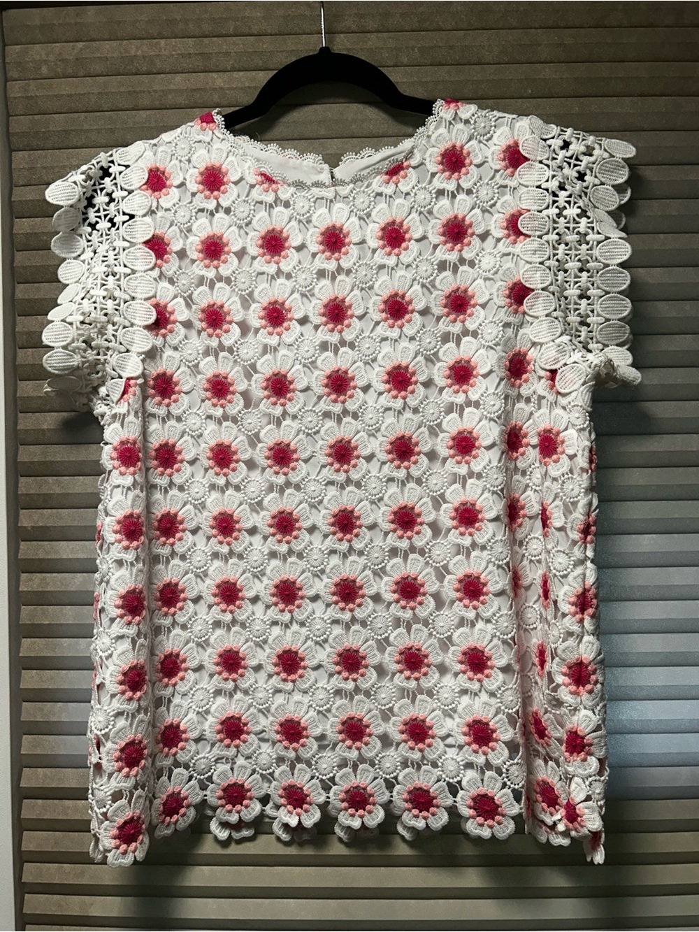 J. Crew White Crochet Eyelet Top with Pink Floral Detail